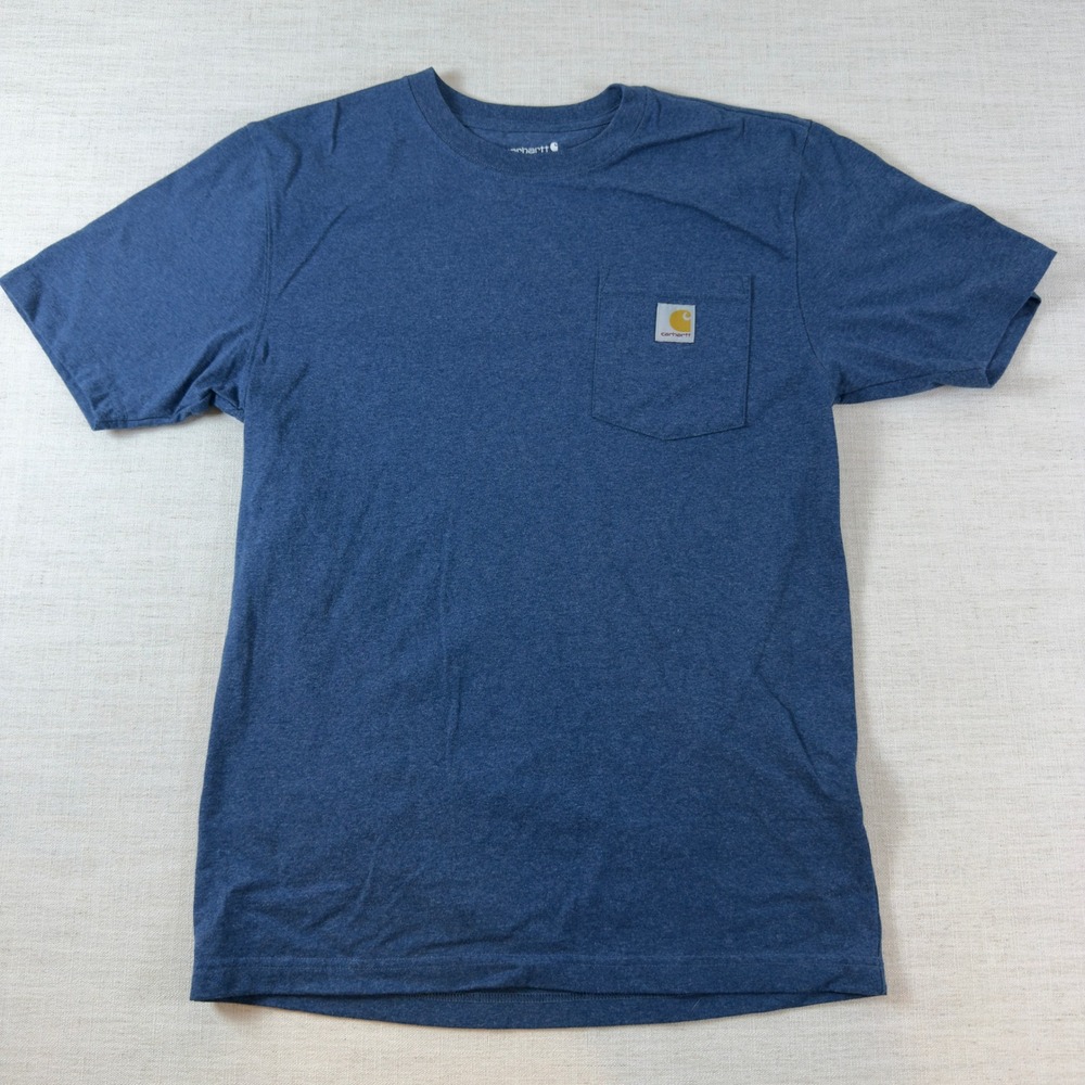 Carhartt Mens Short Sleeve Pocket T-Shirt Blue Heathered Crew Neck Logo Patch